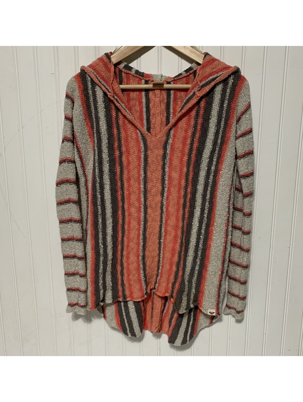 ROXY V-neck Hoodie Sweater Stripes Knit Small Long Sleeve Surfer Pre-Own C6